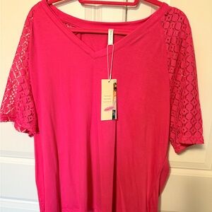 Women's Bright Pink V-Neck Lace Sleeve Top